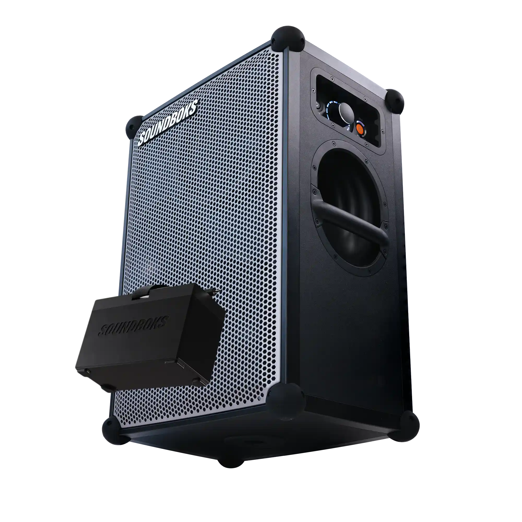 THE SOUNDBOKS 4 angled from below with an extra SOUNDBOKS battery