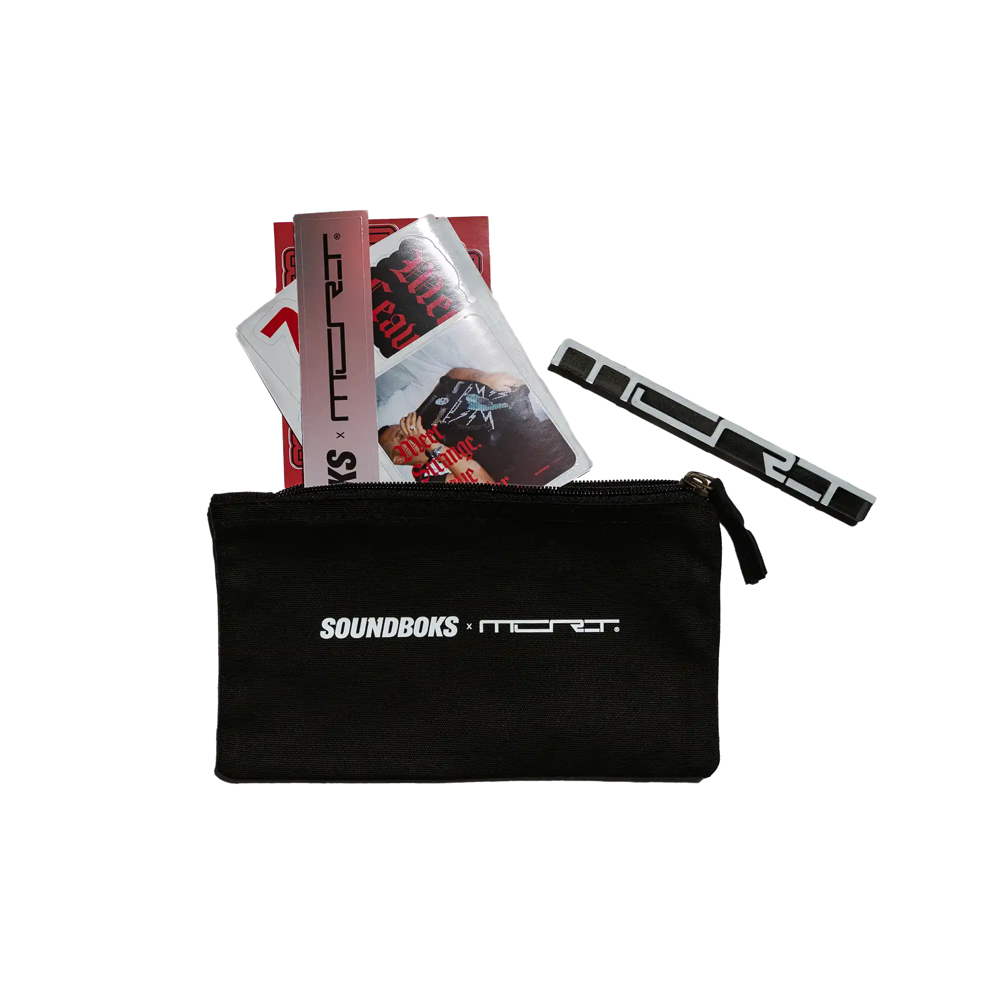 Black pouch with 'SOUNDBOKS x MCRT' branded stickers
