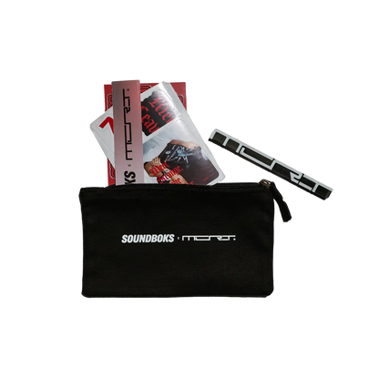 Black pouch with 'SOUNDBOKS x MCRT' branded stickers